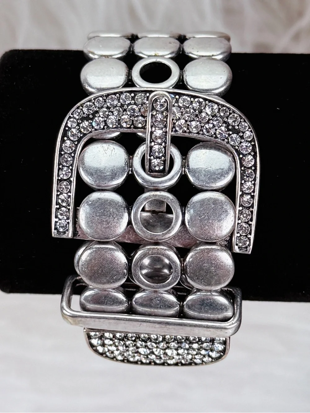 Silvertone CZ premier, designs, retired Statement Buckle Stretch Bracelet